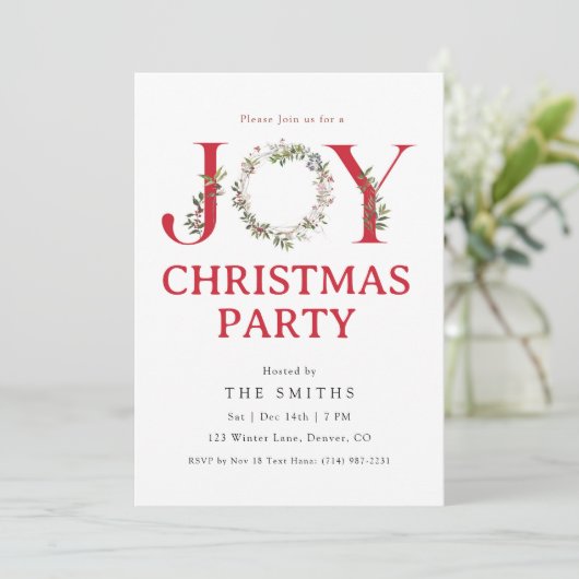 Watercolor Groenery JOY Kerstfeest Uitnodiging (Staand voorkant)