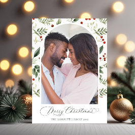 Watercolor Groenery & Rode Bes Kerst Foto Feestdagenkaart