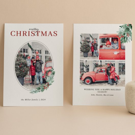 Watercolor Groenery Rode Bessen Ovaal Foto Feestdagenkaart