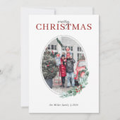 Watercolor Groenery Rode Bessen Ovaal Foto Feestdagenkaart (Voorkant)