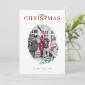 Watercolor Groenery Rode Bessen Ovaal Foto Feestdagenkaart (Staand voorkant)