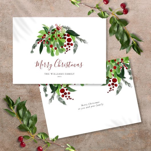 Watercolor Groenery Rode Bessen Script Kerstmis Feestdagenkaart