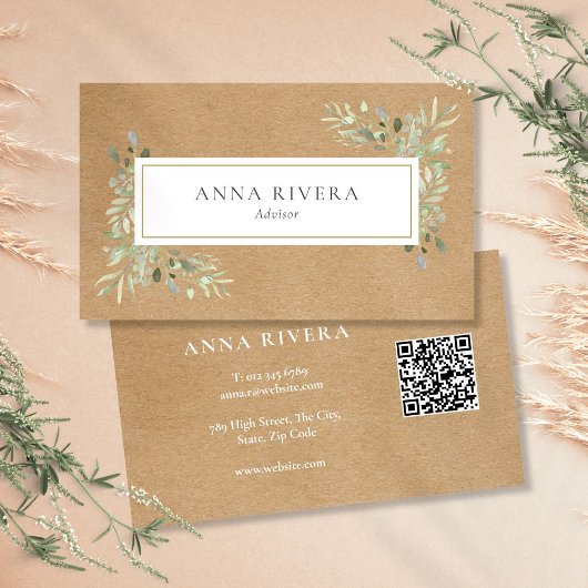 Watercolor Groenery Rustieke Kraft QR Code Visitekaartje