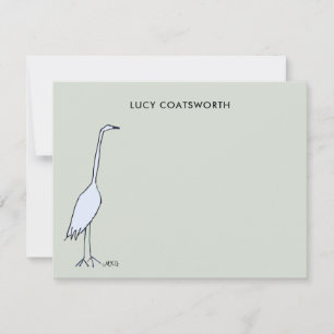 Watercolor Grote Blauwe Reiger Monogram Sage Groen Notitiekaartje
