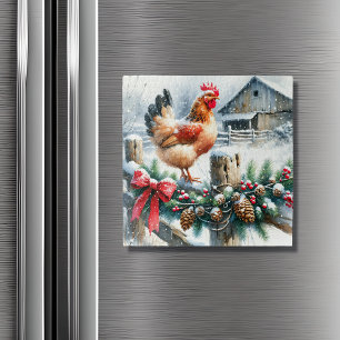 Watercolor Haan op een Afsluitpaal Kerst Magneet