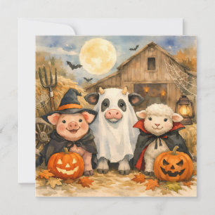 Watercolor Halloween-boerderijdieren bij de schuur Kaart