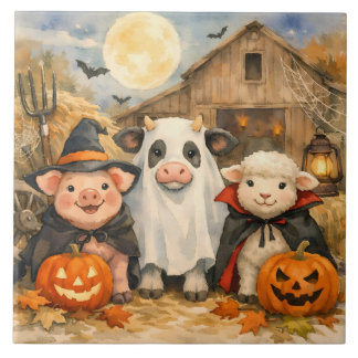 Watercolor Halloween-boerderijdieren bij de schuur Tegeltje