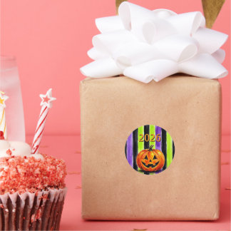 Watercolor Halloween groene & paarse streep sticke Ronde Sticker