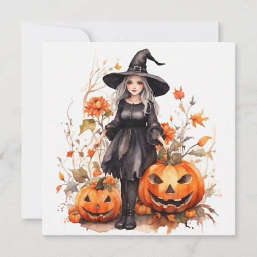 Watercolor Halloween Heks met Pompoenen Feestdagenkaart (Voorkant)