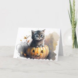 Watercolor Halloween Kitten In een Jack-o-lantern Feestdagen Kaart
