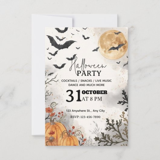 Watercolor Halloween Night Party Invitation – Edit Kaart (Voorkant)