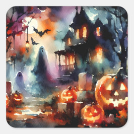 Watercolor Halloween Scène Huis Geesten Pompoenen Vierkante Sticker