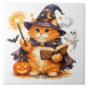 Watercolor Halloween tovenaar kat met spook Tegeltje