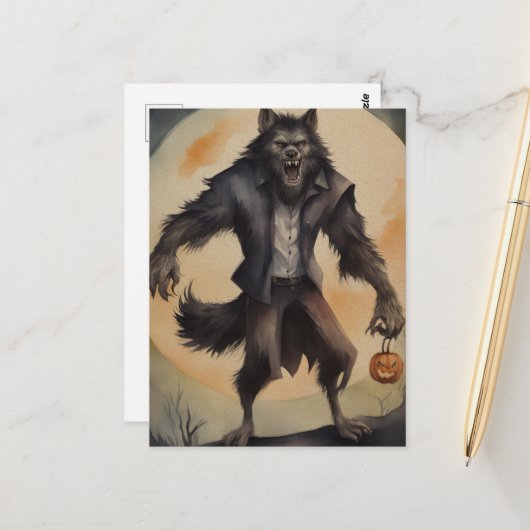 Watercolor Halloween Weerwolf Briefkaart (Voorkant / Achterkant in situ)