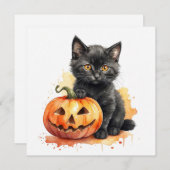Watercolor Halloween Zwarte Kitten en Pompoen  Feestdagenkaart (Voorkant / Achterkant)