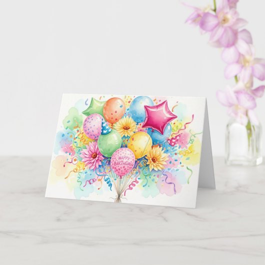 Watercolor Happy Birthday Balloons & Flowers Kaart (Orchidee)