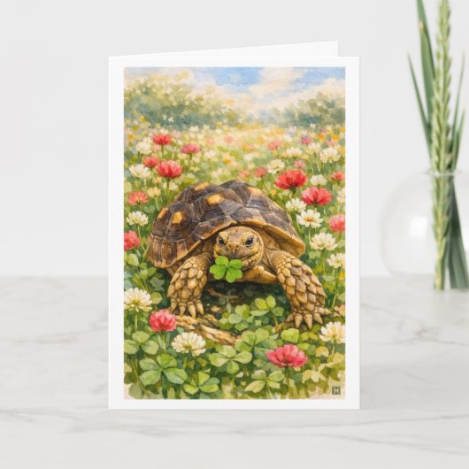 Watercolor Happy Birthday Turtle with lucky clover Kaart (Voorkant)