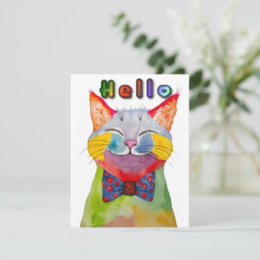 Watercolor Happy Cat Greeting Card Kaart (Staand voorkant)