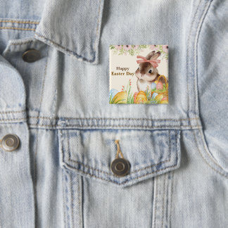 Watercolor Happy Easter Day Floral Bunny with Bow Vierkante Button 5,1 Cm