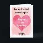 Watercolor Heart 11th Birthday Granddaughter Kaart<br><div class="desc">A personalized watercolor 11th birthday card for granddaughter that features a heart against a pink watercolor, which you can personalize underneath with her name. The inside card message reads a heartfelt birthday message, which can be personalized if wanted. The back features the same watercolor heart against the pink paint stroke...</div>