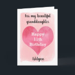 Watercolor Heart 11th Birthday Granddaughter Kaart<br><div class="desc">A personalized watercolor 11th birthday card for granddaughter that features a heart against a pink watercolor, which you can personalize underneath with her name. The inside card message reads a heartfelt birthday message, which can be personalized if wanted. The back features the same watercolor heart against the pink paint stroke...</div>