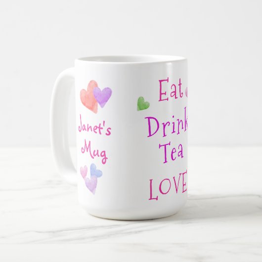 Watercolor Hearts EAT Drink Tea LOVE Koffiemok (Voorkant links)