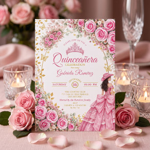 Watercolor helder roze rozen gouden Quinceañera Kaart