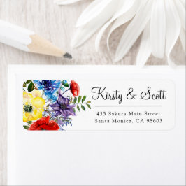 Watercolor heldere zomer bloemen trouwadres etiket