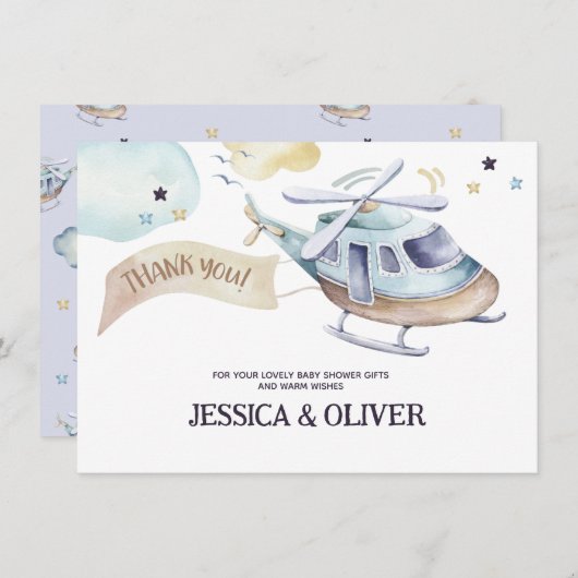 Watercolor Helikopter Feest in Blauw Dankkaart Kaart (Voorkant / Achterkant)