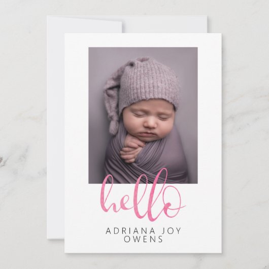 Watercolor Hello Roze Script  Foto Collage Baby  Aankondiging (Voorkant)