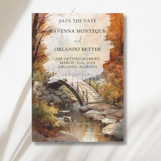 Watercolor Herfst Bos Brug Bruiloft Save The Date
