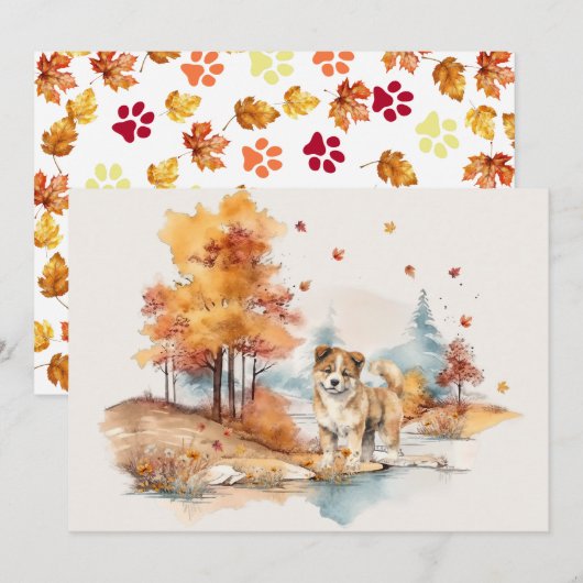 Watercolor Herfst Hond Ontwerp- Akita Kaart (Voorkant / Achterkant)