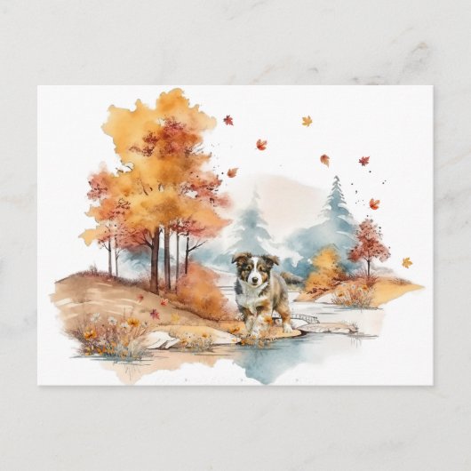 Watercolor Herfst Hond Ontwerp- Australian Shepher Briefkaart (Voorkant)