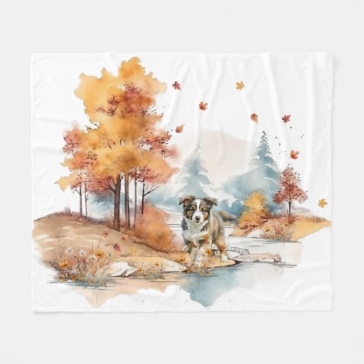 Watercolor Herfst Hond Ontwerp- Australian Shepher Fleece Deken (Voorkant (Horizontaal))