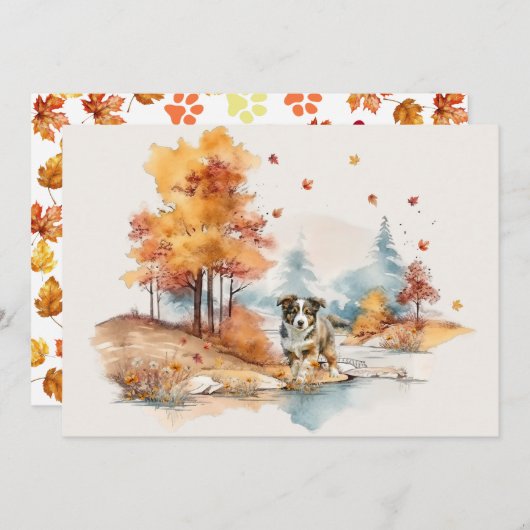 Watercolor Herfst Hond Ontwerp- Australian Shepher Kaart (Voorkant / Achterkant)