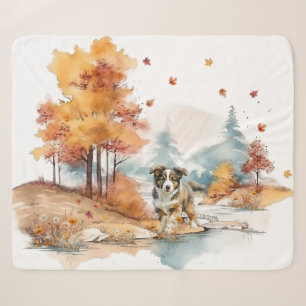 Watercolor Herfst Hond Ontwerp- Australian Shepher Sherpa Deken