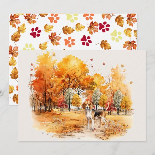 Watercolor Herfst Hond Ontwerp- Beagle Kaart (Voorkant / Achterkant)
