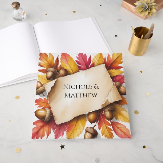 Watercolor Herfstbladeren & Eikels Rustieke Bruilo Gastenboek (Voorkant open)