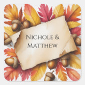 Watercolor Herfstbladeren & Eikels Rustieke Bruilo Vierkante Sticker (Voorkant)