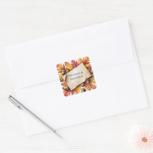 Watercolor Herfstbladeren & Eikels Rustieke Bruilo Vierkante Sticker (Envelop)