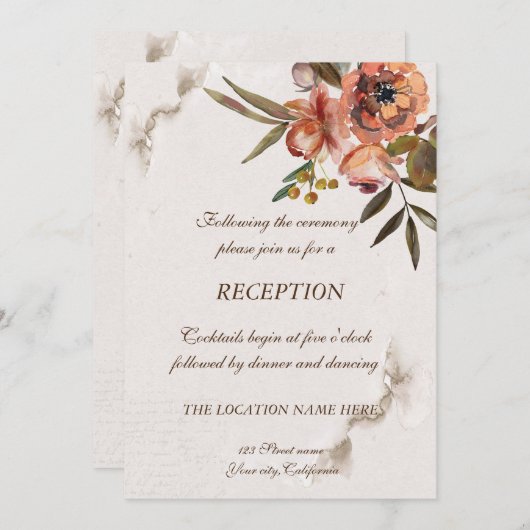 Watercolor herfstbloemen receptie kaart (Voorkant / Achterkant)