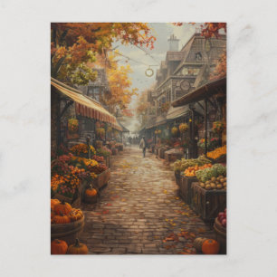 Watercolor herfstloof drukke marktstraat feestdagenkaart