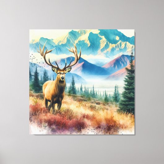 Watercolor Herten met Gewei  Canvas Afdruk (Voorkant)