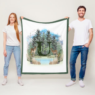 Watercolor Herten Persoonlijk Monogram Letter U Fleece Deken