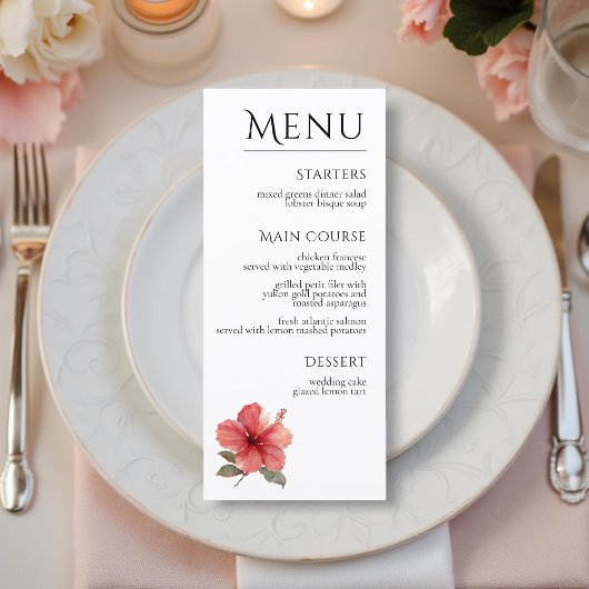 Watercolor Hibiscus Flower Tropical Aloha Wedding  Menu