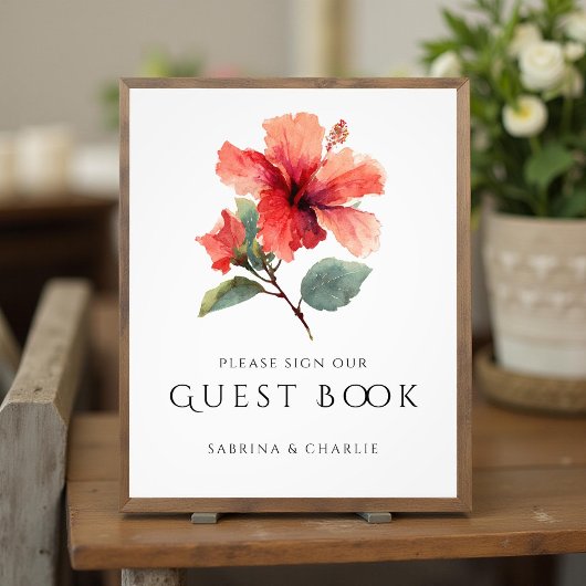 Watercolor Hibiscus Flower Wedding Guest Book Sign Foto Afdruk