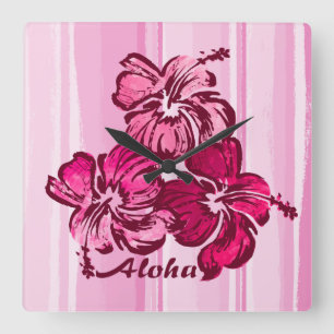 Watercolor Hibiscus Hawaiian Wall Clocks Vierkante Klok
