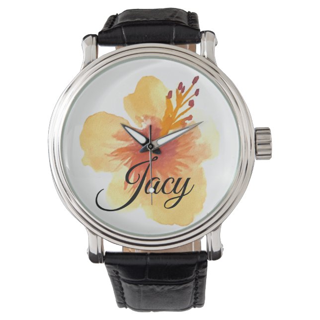 Watercolor Hibiscus Script Moederdag Horloge (Voorkant)