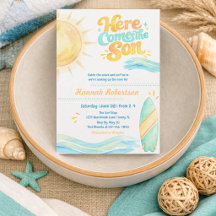 Watercolor Hier Komt de Zoon Baby Shower Uitnodigi