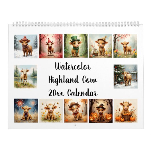 Watercolor Highland Cow 20xx Kalender (Hoes)